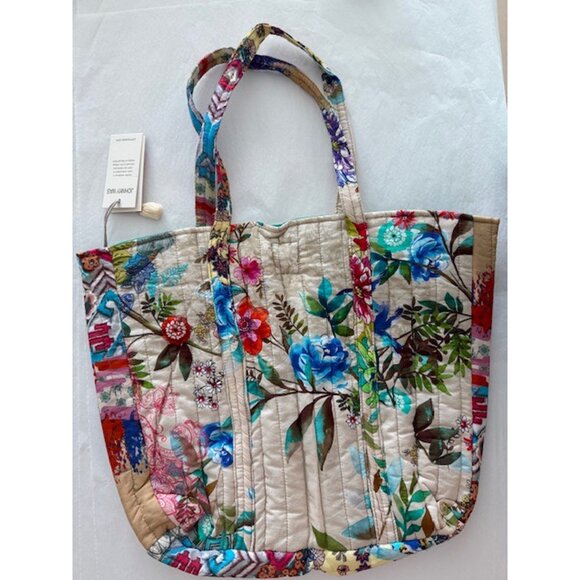 Johnny Was Dreamer Quilted Cotton Tote Bag Floral Handbag Cream Blue Purse NEW - Picture 3 of 4